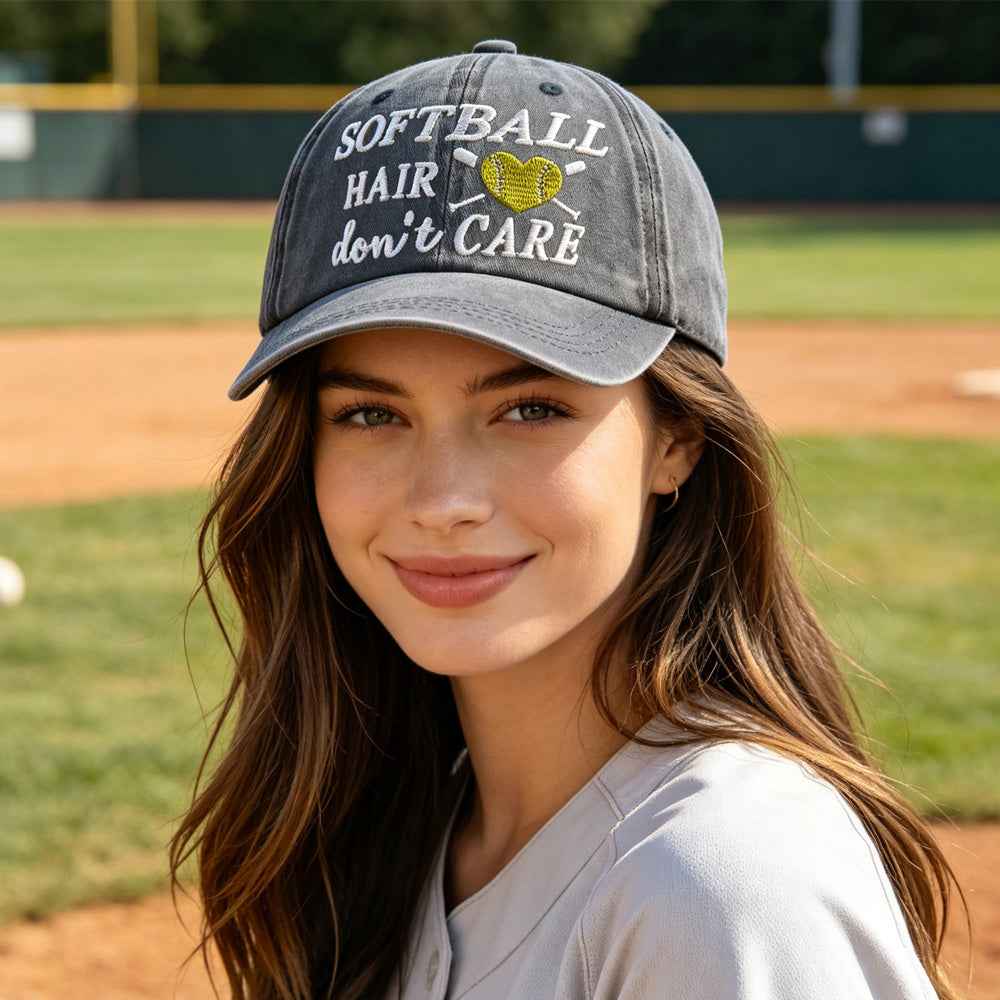 Softball Hair Don't Care Embroidered Washed Baseball Cap, Vintage Distressed Hat For Women Softball Lover