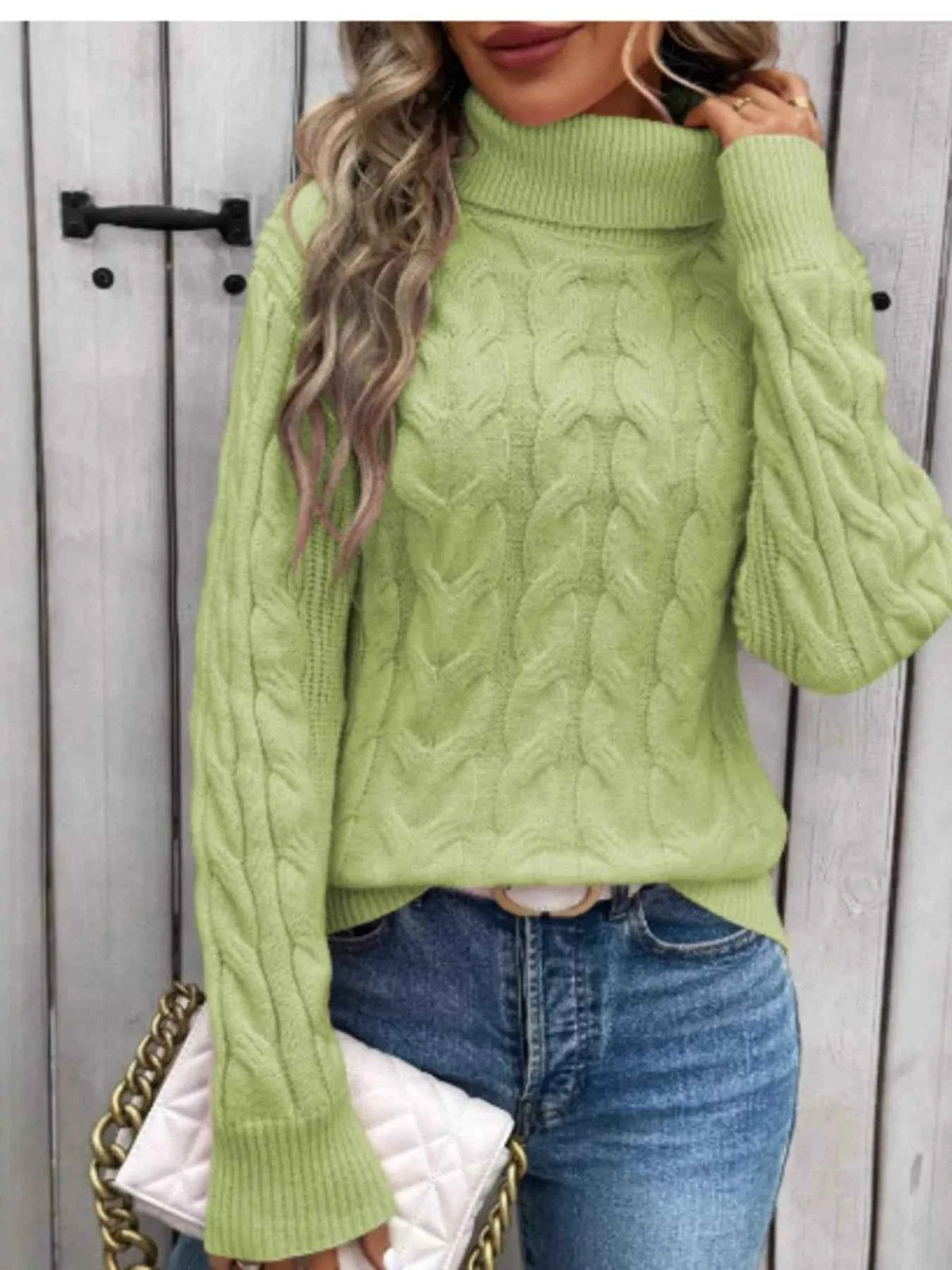 Cable Knit Turtleneck Sweater - Ribbed Cuffs Textured Fit