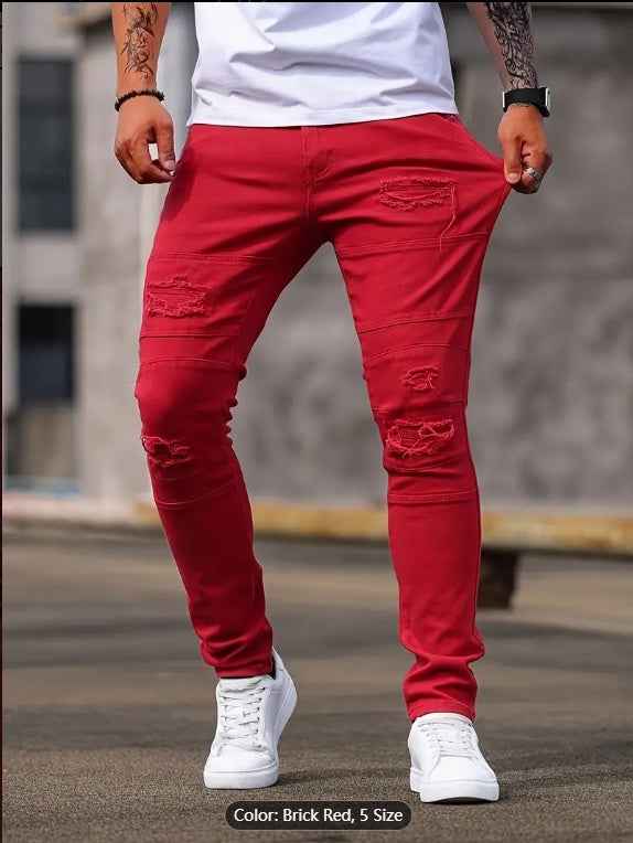 Red Ripped Skinny Jeans Men - Cargo Pocket Stretch Denim