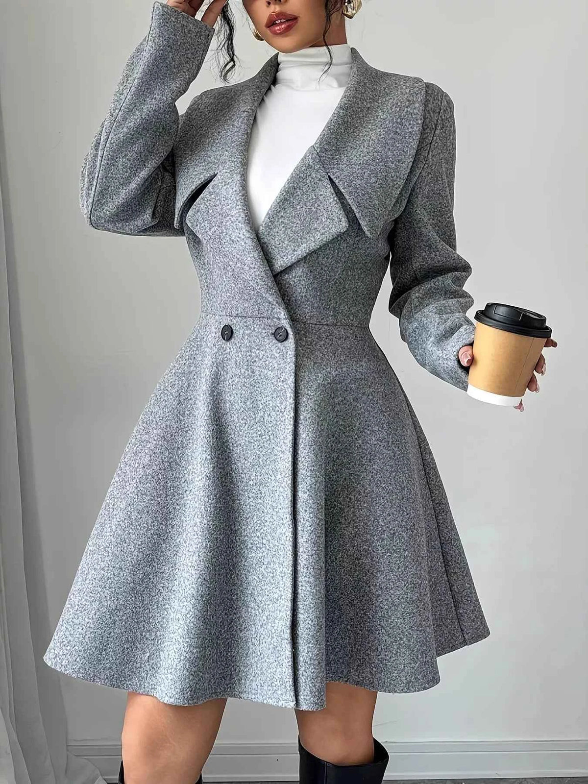 Double-Breasted A-Line Coat - Oversized Lapel Fitted Waist