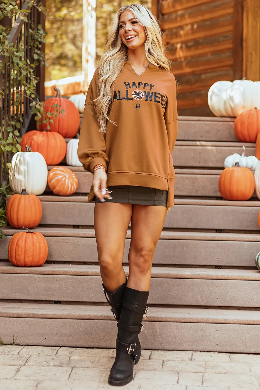 Sequin Letter Graphic Notched Long Sleeve Sweatshirt - Fashions Envy