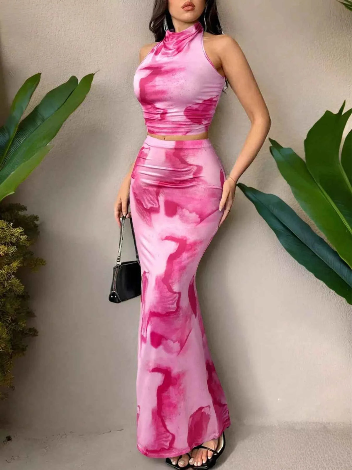 Halter Crop Top & Mermaid Maxi Skirt Set - Abstract Print