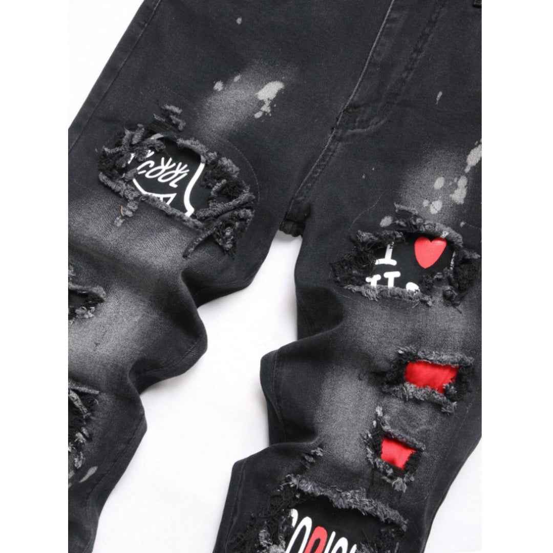 Black Ripped Jeans Men - Heart Patch Graffiti Denim