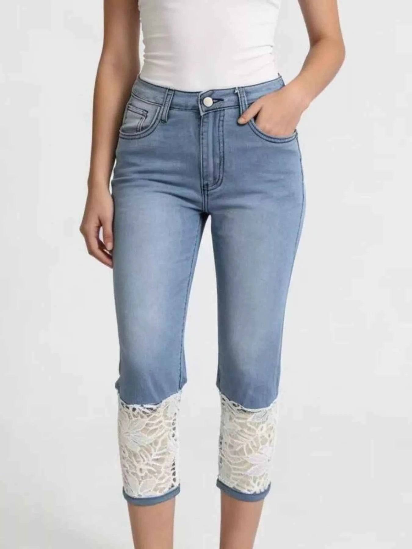 Full Size Lace Trimmed Capri Jeans Plus Size