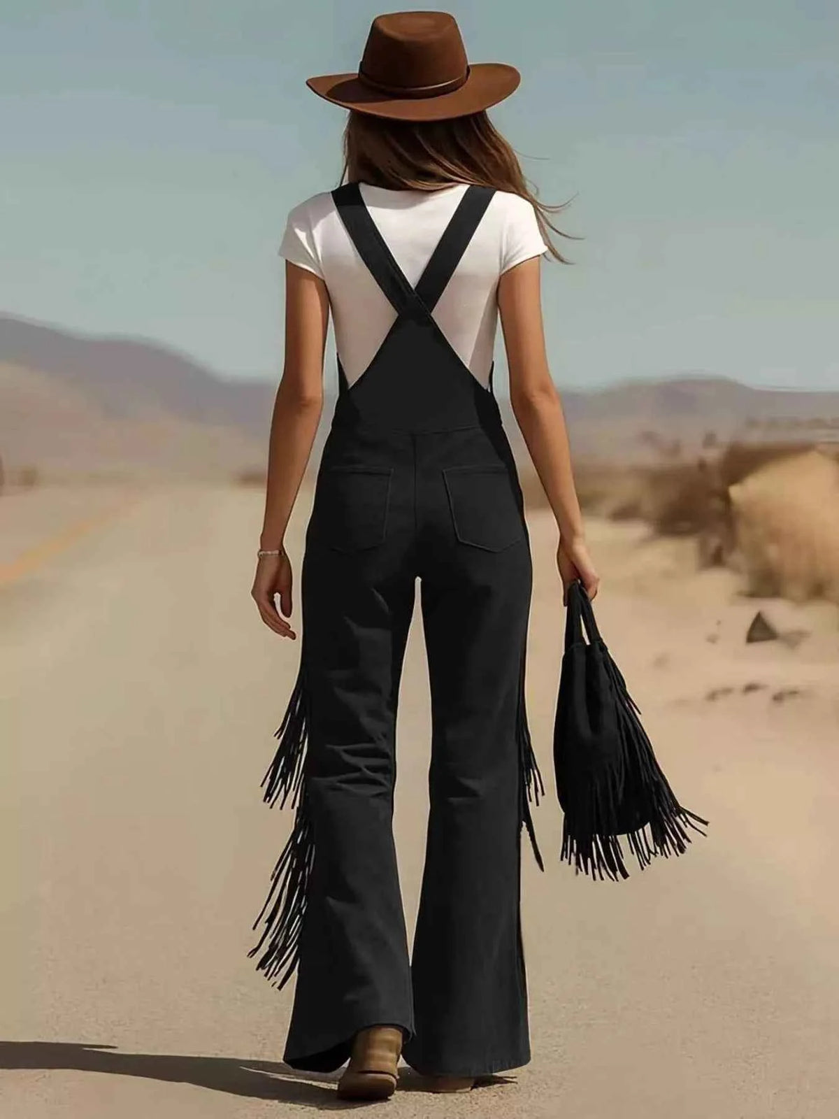 Fringe Flare Leg Overalls - Button Front Suede Texture Bib