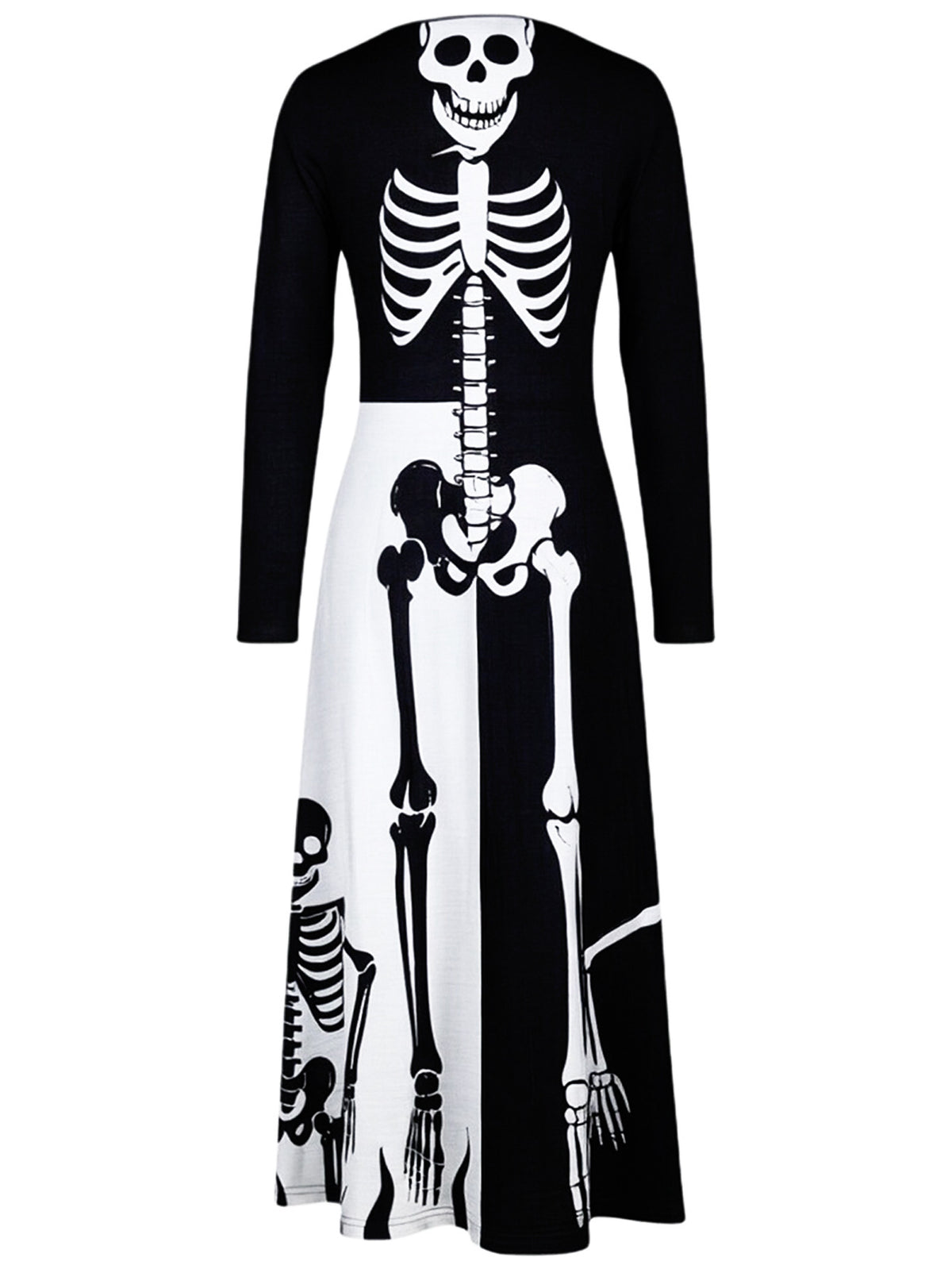 Black V-neck skeleton midi dress with long sleeves and flared skirt