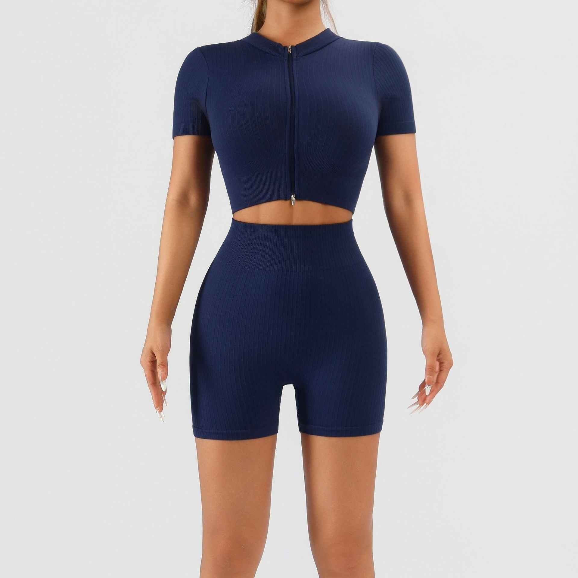 Ribbed Seamless Workout Set - Short Sleeve Crop Top High Waist Shorts