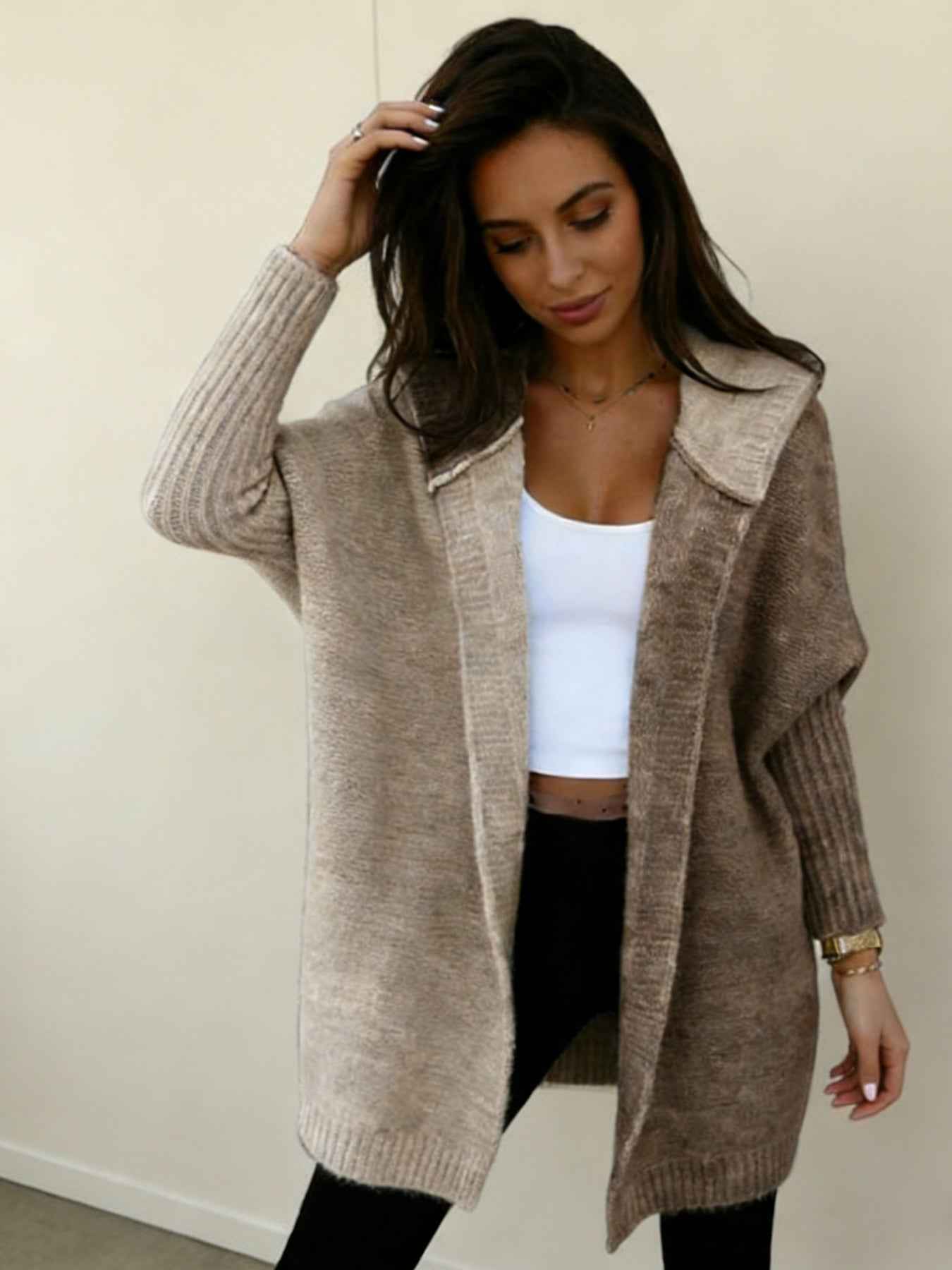 New Style Women's Color-blocked Hooded Knitted Cardigan, Large-sized Mid-length Sweater For Autumn And Winter, Women's Outerwear