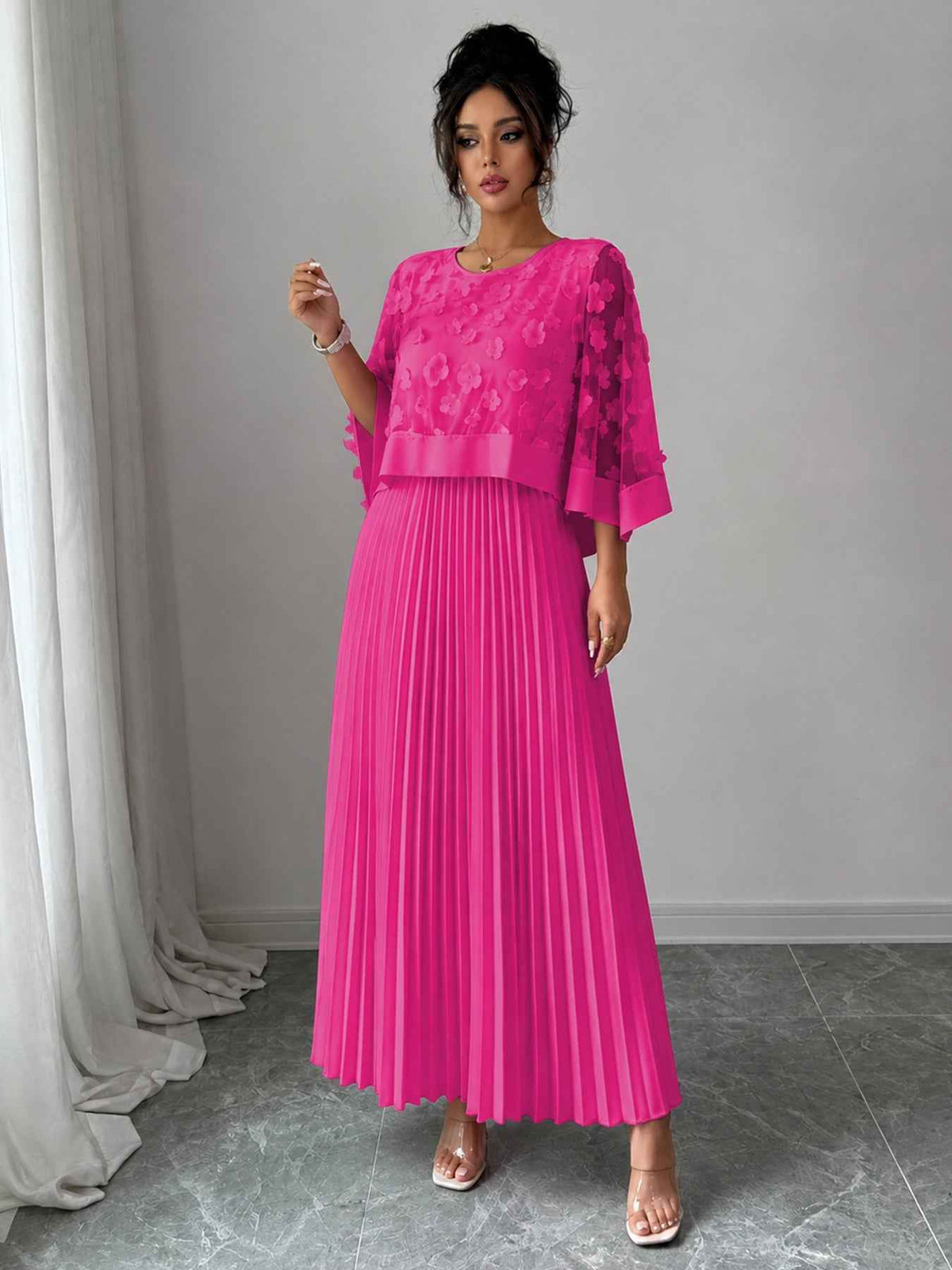 Elegant A-line Pleated Dress With Appliqued Mesh Paneling, Vacation Outfits Women, Summer Outfits For Women