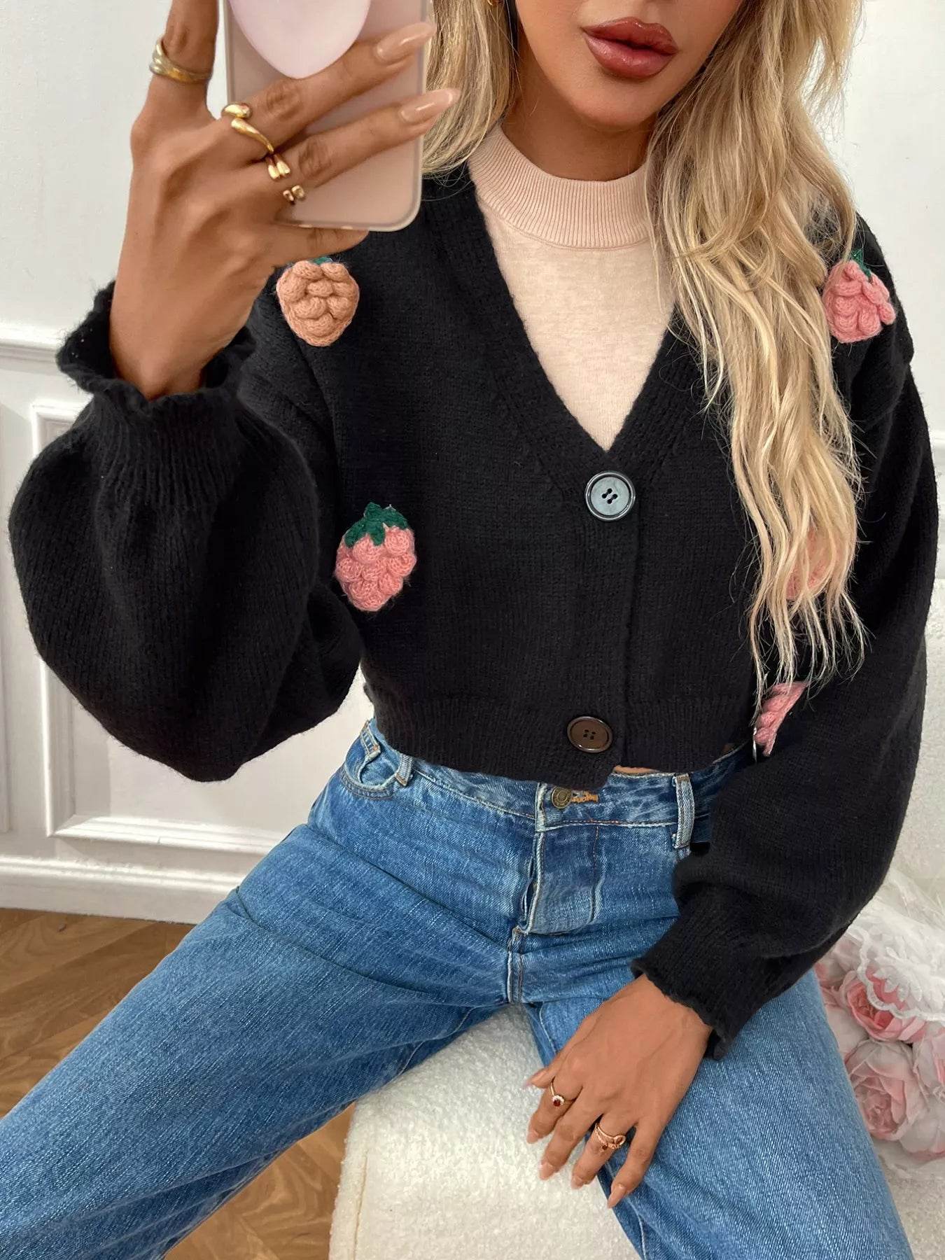 Trendsi Cropped Button-Up Cardigan in Black with Colorful Flower Embroidery and Button Closure