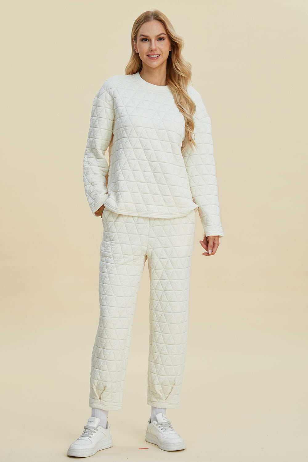 Double Take Full Size Texture Round Neck Long Sleeve Top and Pants Set - Fashions Envy
