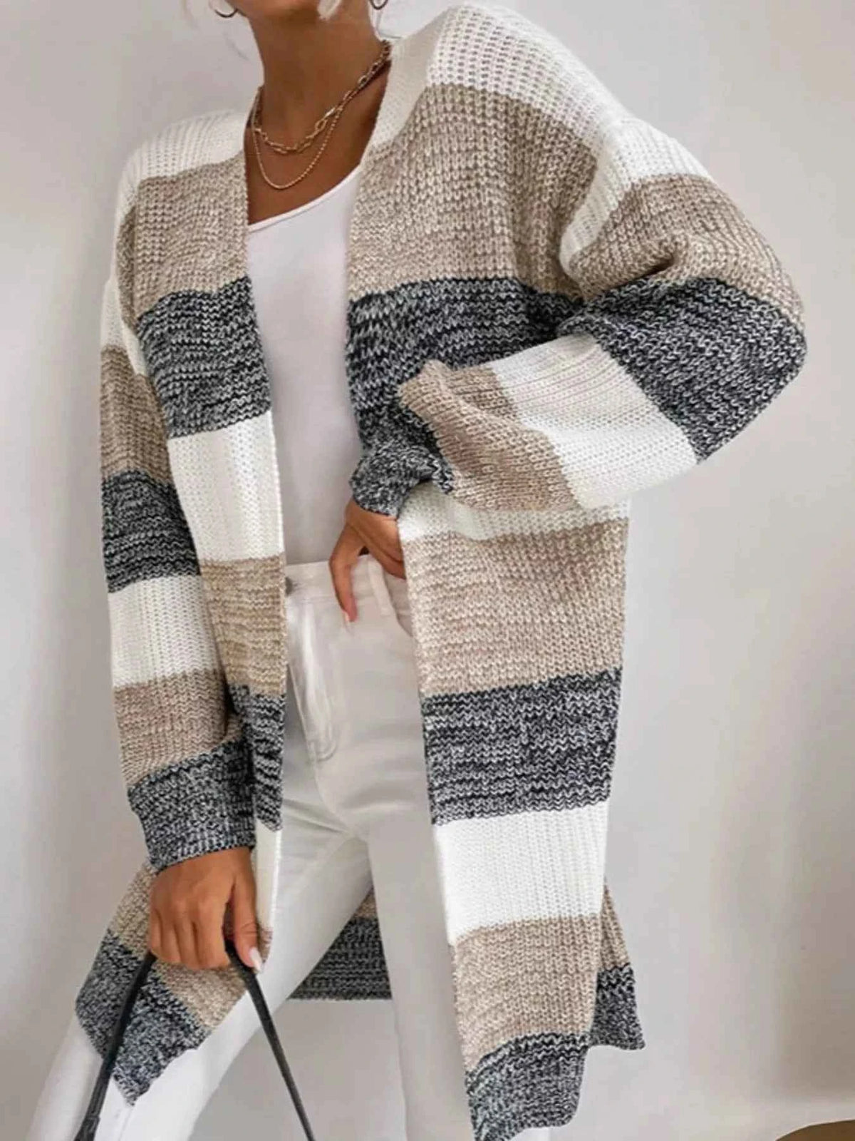 Grey Color Block Striped Longline Cardigan - Open Front Knit Duster