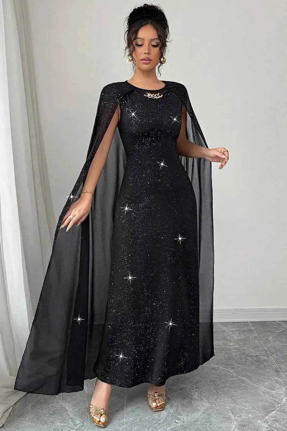 Black Glitter Cape Maxi Dress - Gold Chain Neckline
