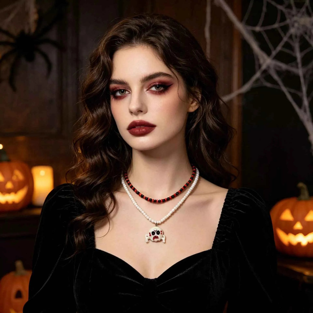 White Skull Bead Layered Necklace - Gothic Pendant Set