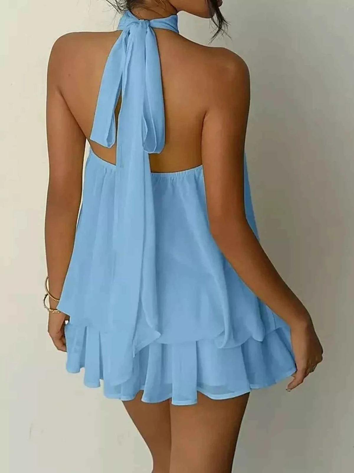 Pleated Halter Mini Dress - Layered Hem & Neck Tie
