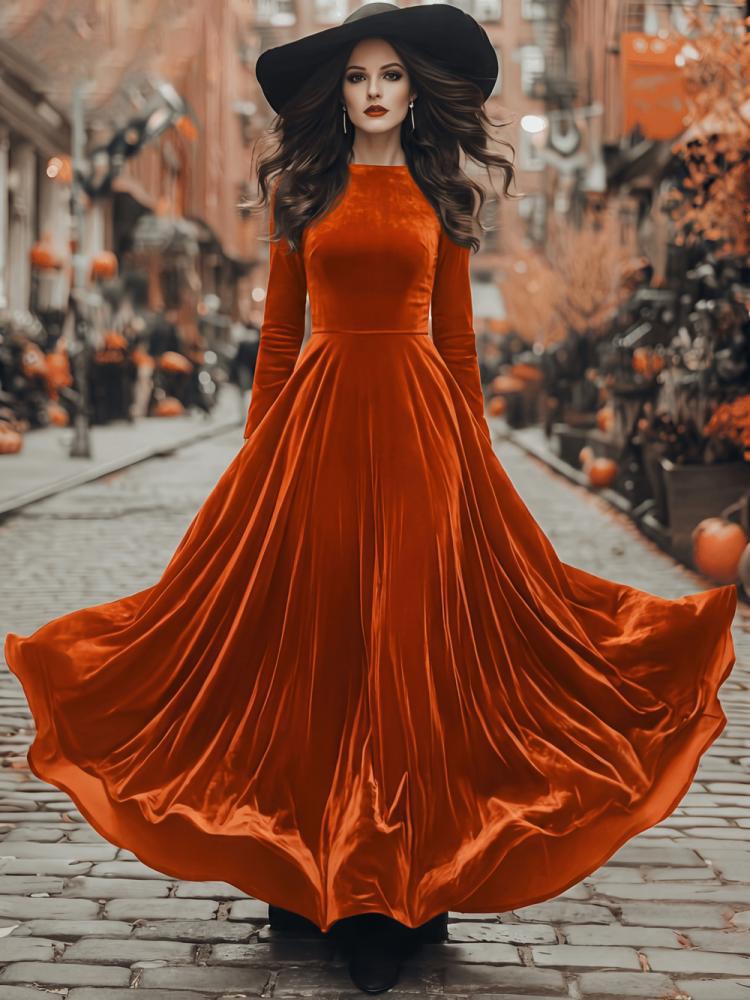 Orange velvet maxi dress with long sleeves and flared skirt