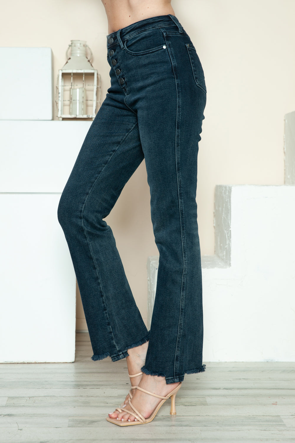 Judy Blue Full Size Button Fly Hem Destroy Straight Jeans - Fashions Envy