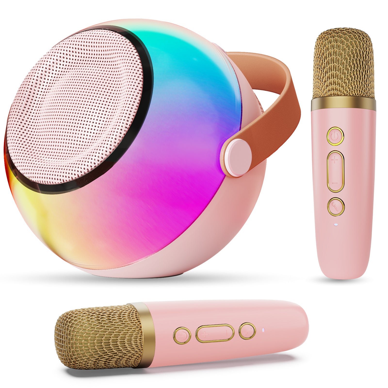 Trendsi mini karaoke machine with wireless microphones pink portable speaker with rainbow LED face and two gold grill mics