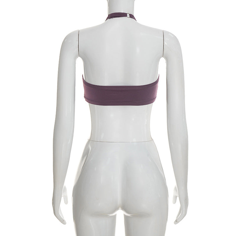 Three-Piece Capri Activewear Set - V-Neck Top and Halter Bra