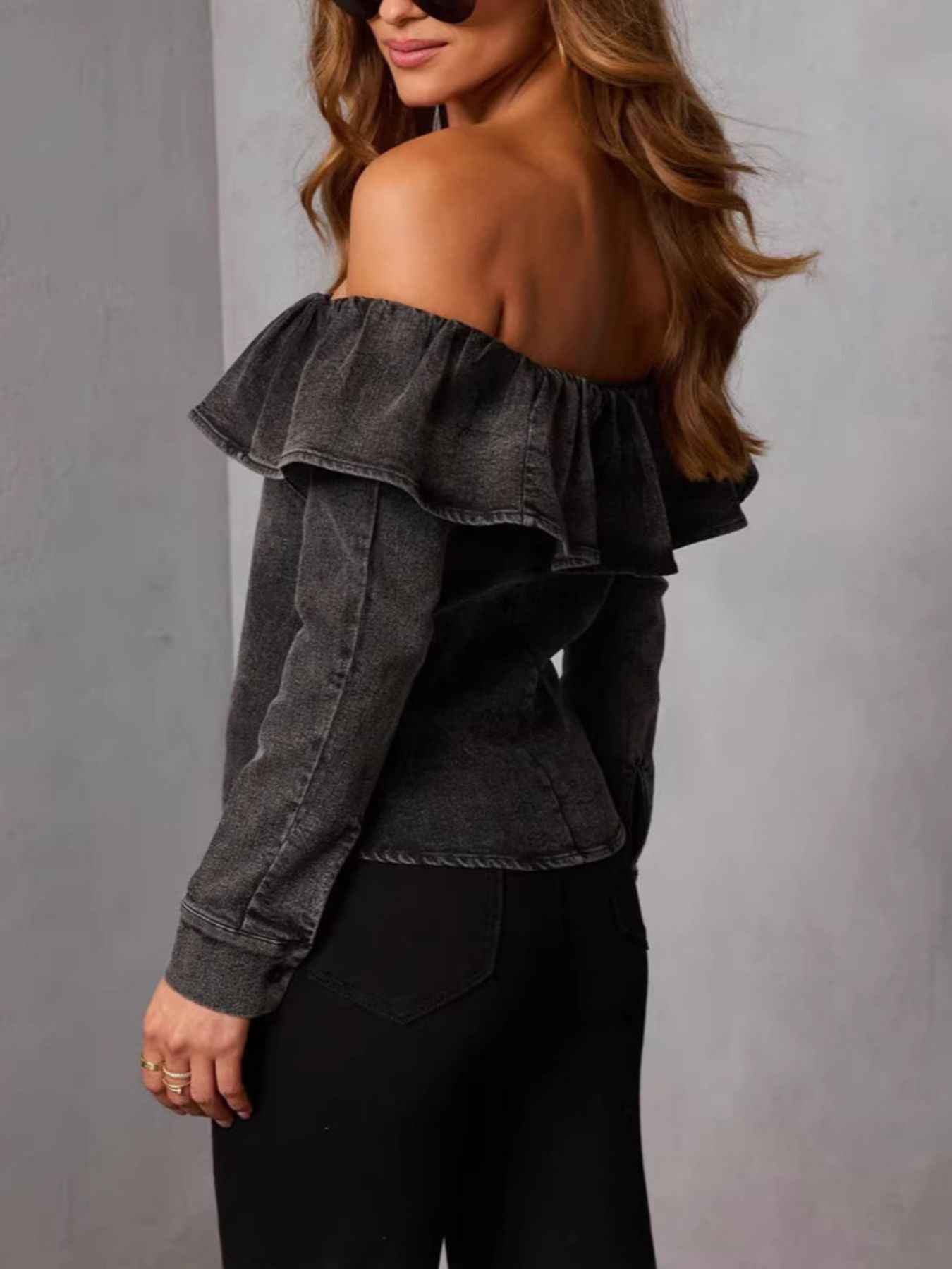 Off-Shoulder Ruffled Denim Top