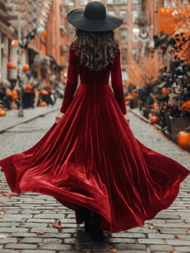 Red velvet maxi dress with long sleeves and wide flared skirt