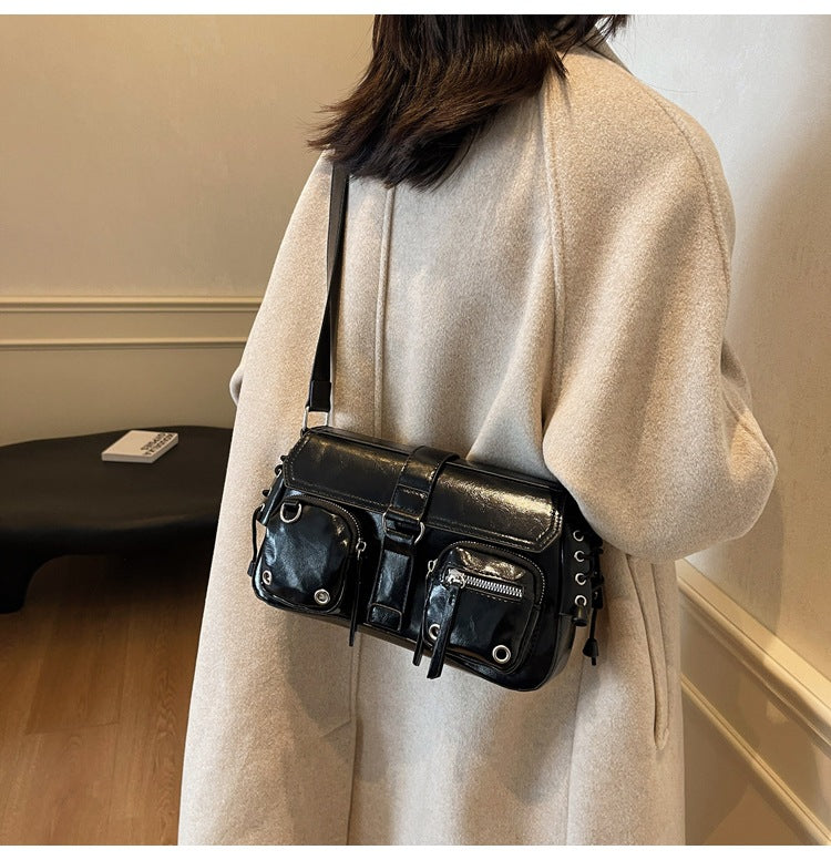 Utility Shoulder Bag - Zip Pockets and Metal Hardware