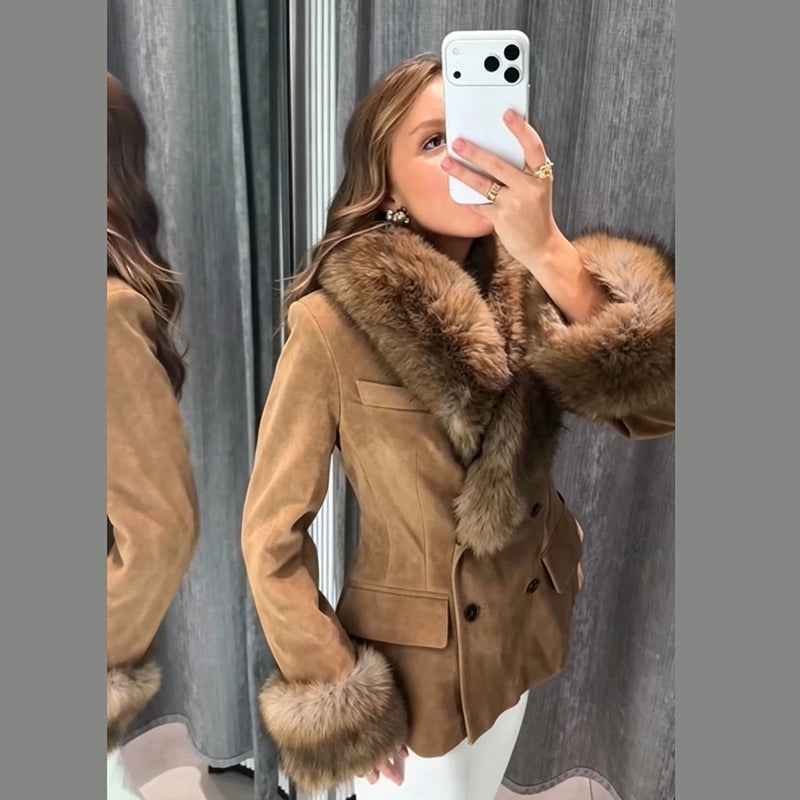 Brown Faux Suede Jacket - Plush Collar and Cuff Trim