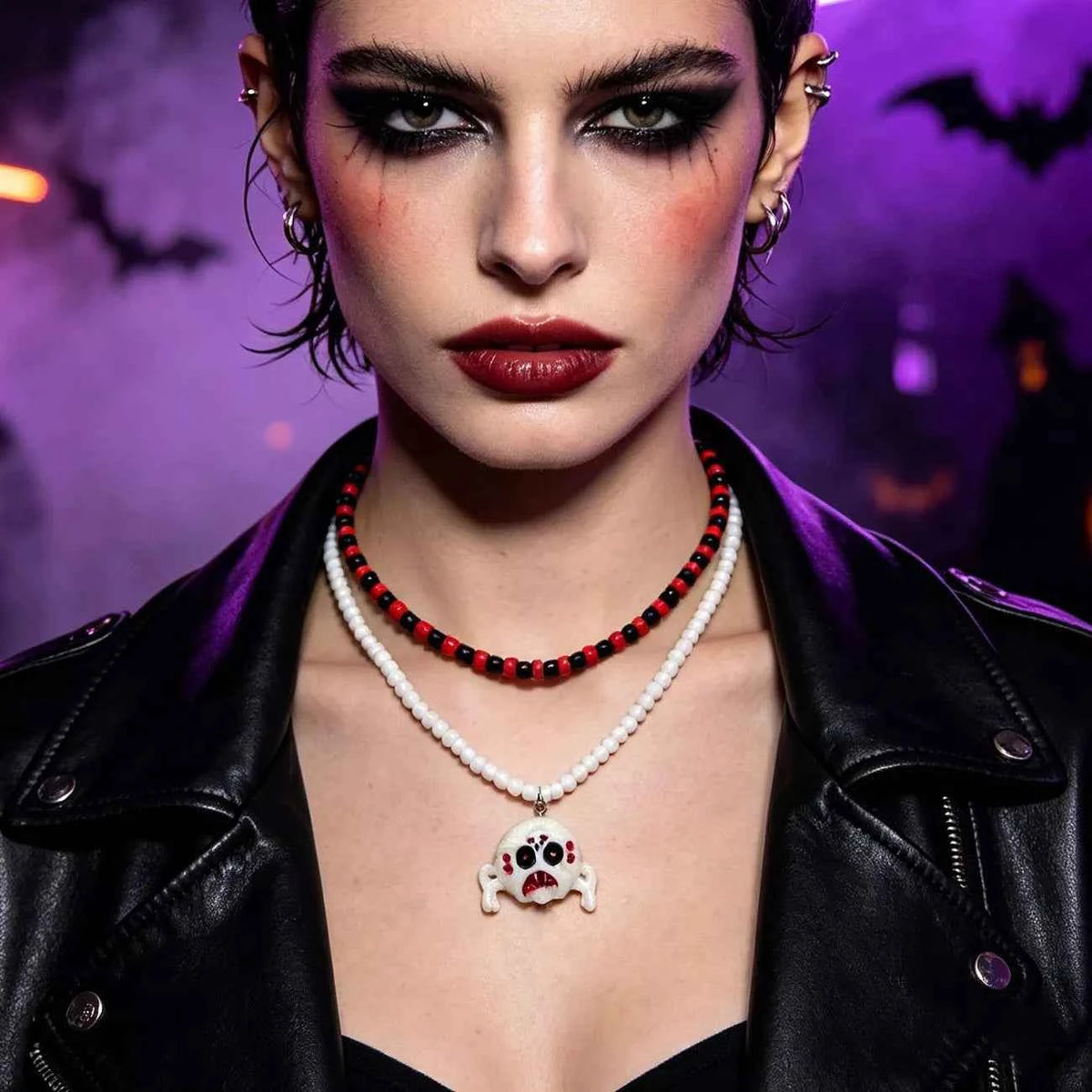 White Skull Bead Layered Necklace - Gothic Pendant Set