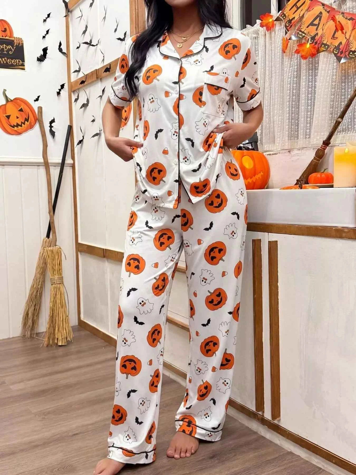Pumpkin Ghost Print Pajama Set - Satin Button Down