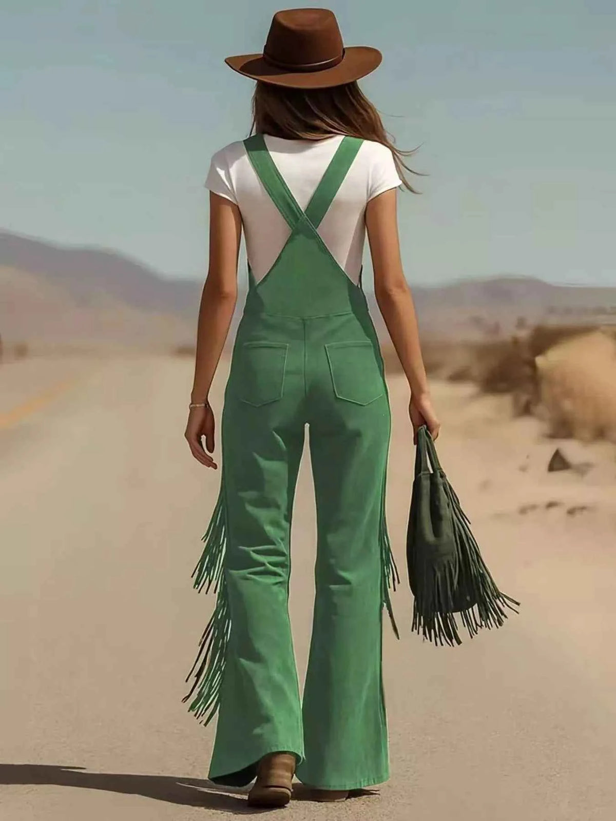Fringe Flare Leg Overalls - Button Front Suede Texture Bib