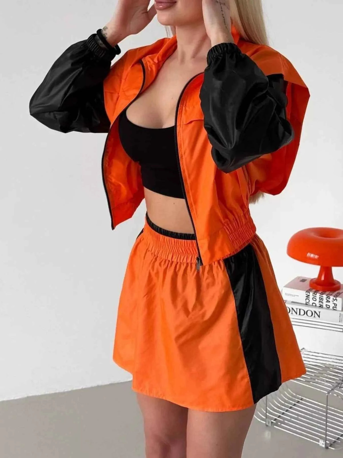 Color-Block Cropped Jacket and Skort Set - Zip-Front Detail