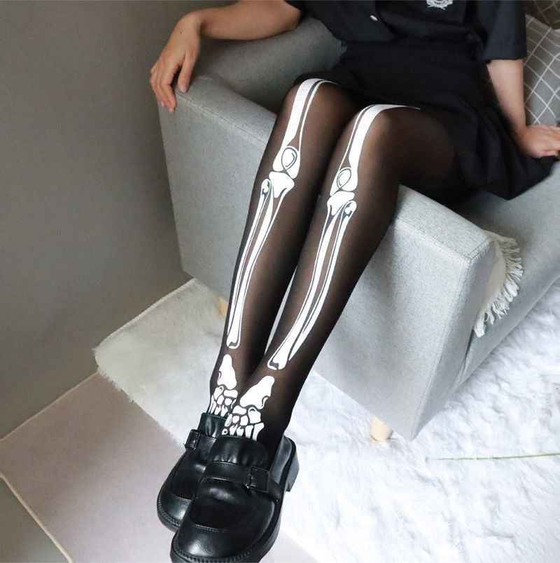 Black Skeleton Pantyhose - Full Leg Bone Print