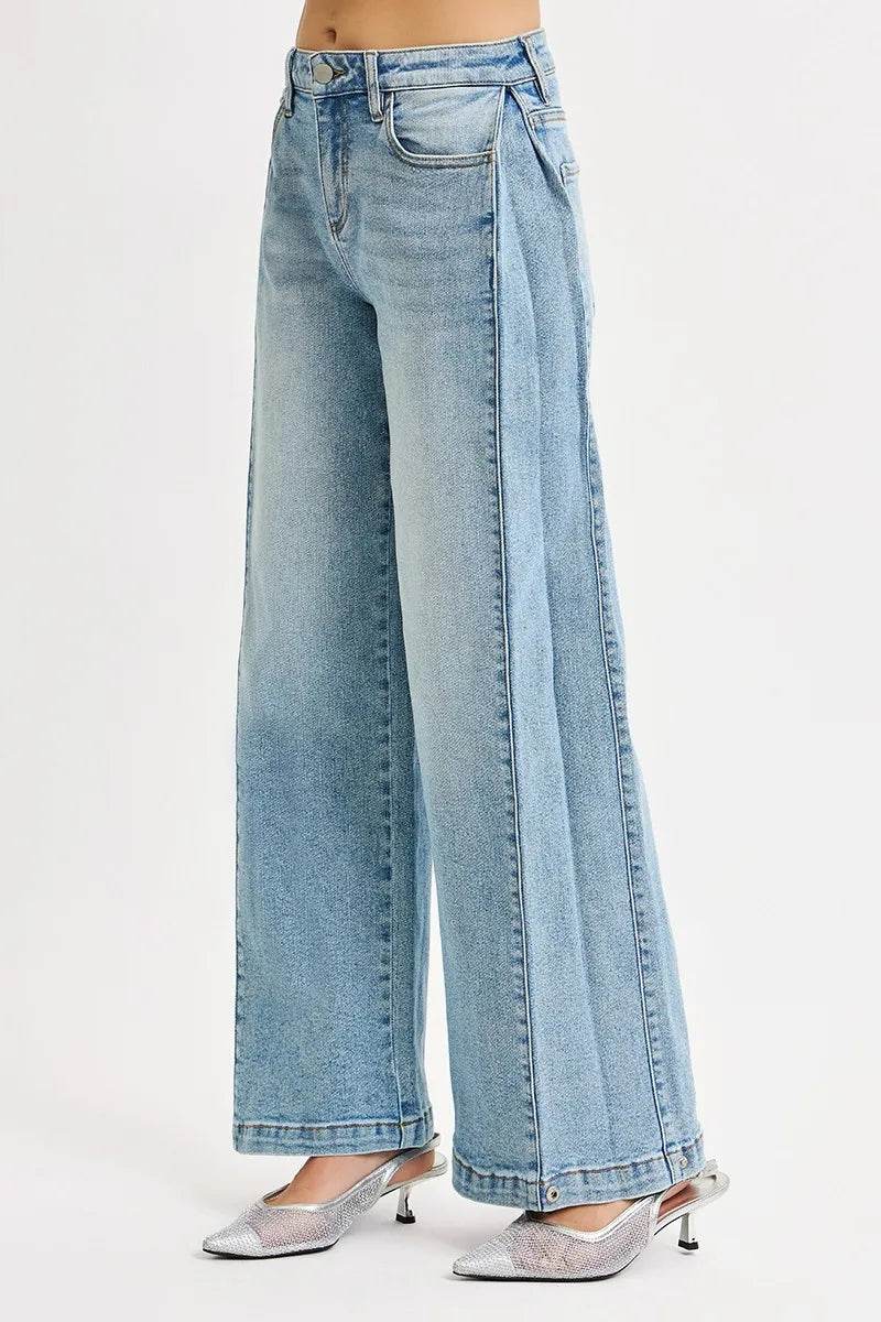 RISEN Mid Rise Wide Barrel Transferable Leg Snap Jeans - Fashions Envy