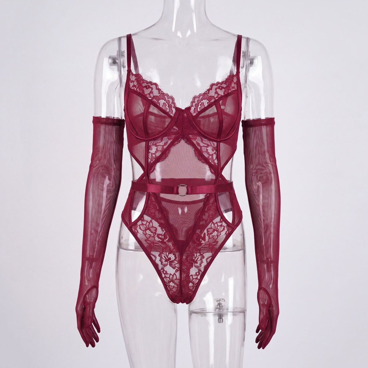 Wine red sheer lace lingerie set with cutout body, thong, and long mesh gloves