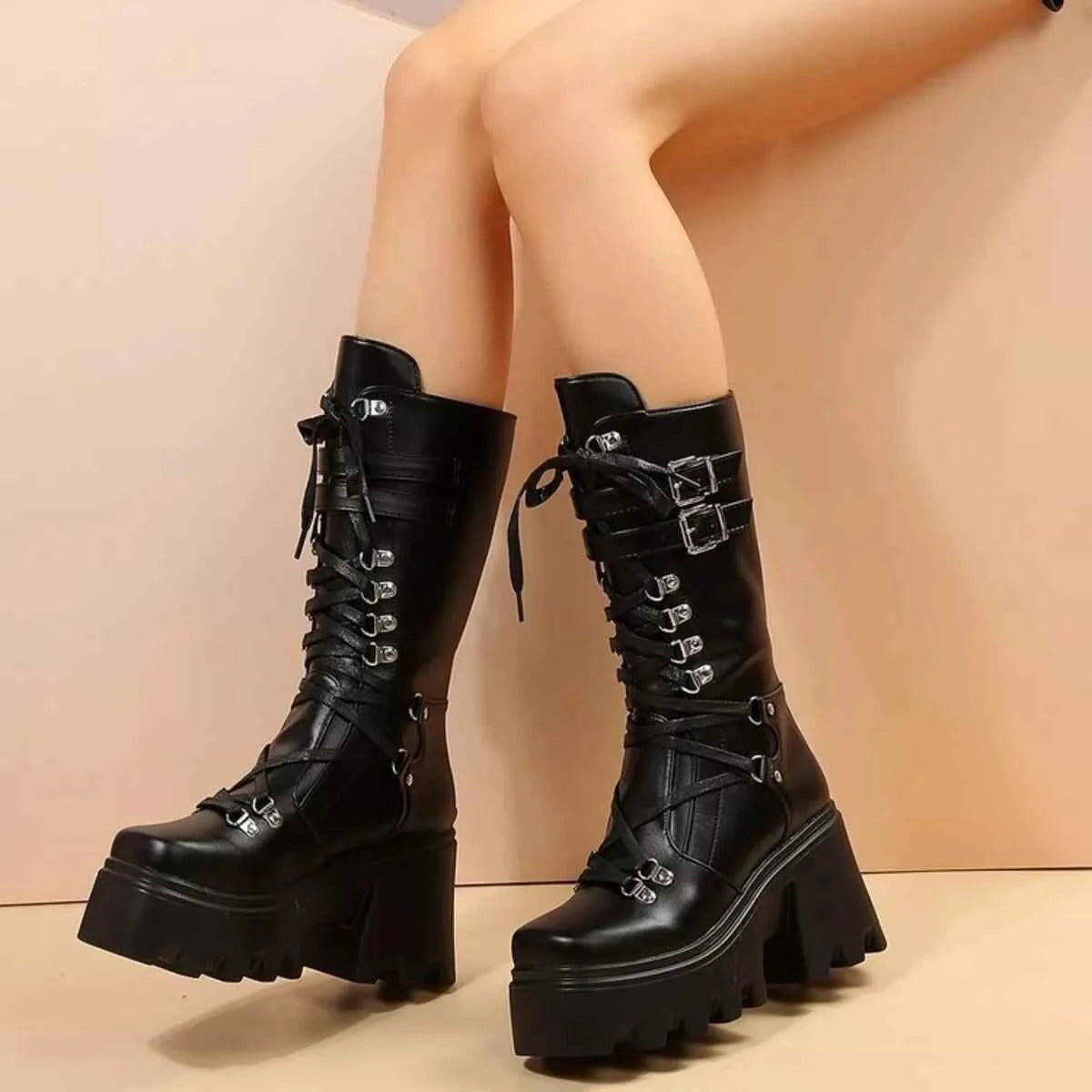 Black Lace-Up Platform Boots - Block Heel Buckle Knee-High Combat