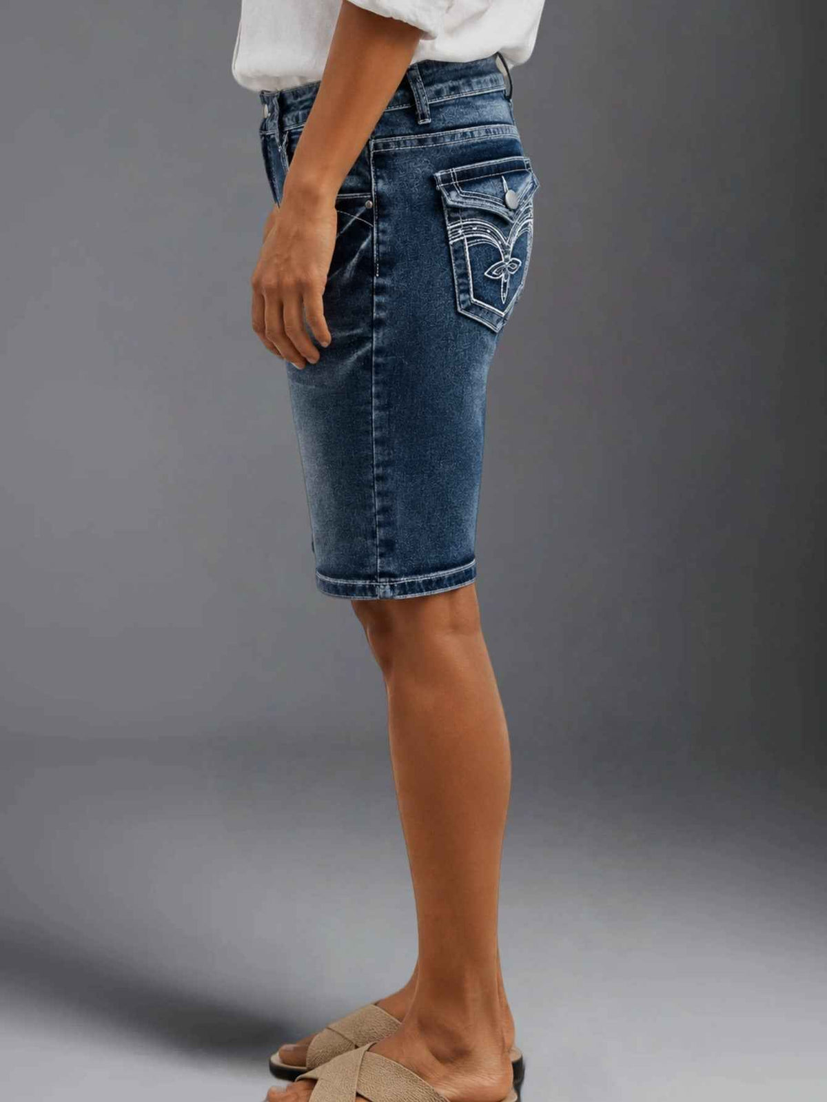 Blue Denim Bermuda Shorts - Embroidered Pocket Detail