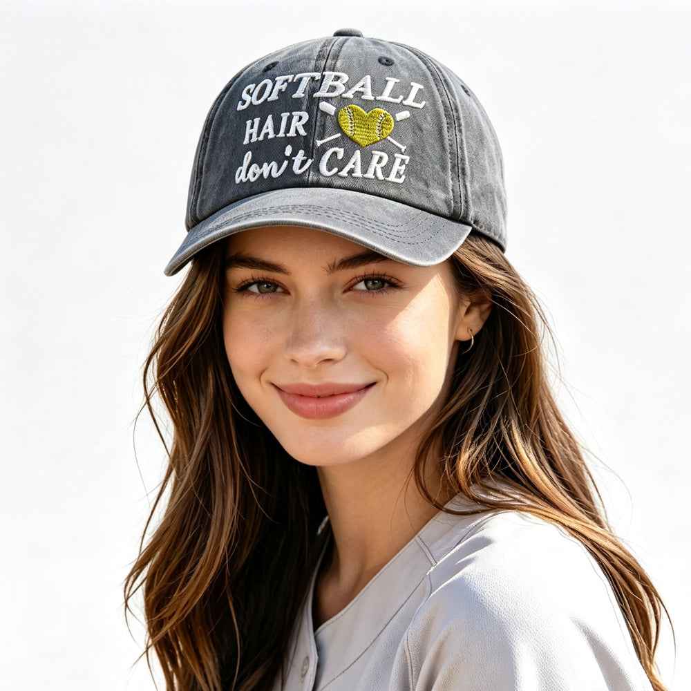 Softball Hair Don't Care Embroidered Washed Baseball Cap, Vintage Distressed Hat For Women Softball Lover