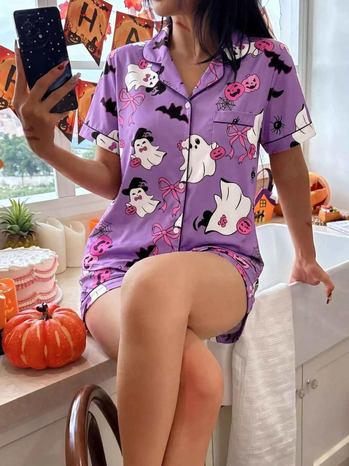 Ghost Print Lounge Set - Button-Down Top and Shorts Halloween