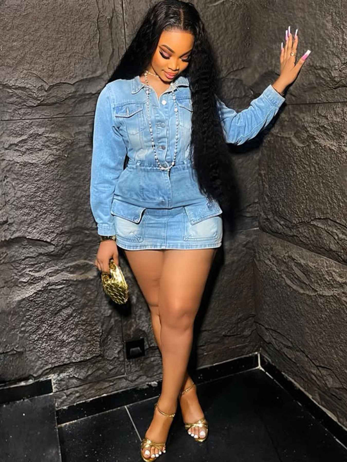 Blue Denim Two-Piece Set - Button Jacket and Cargo Mini Skirt