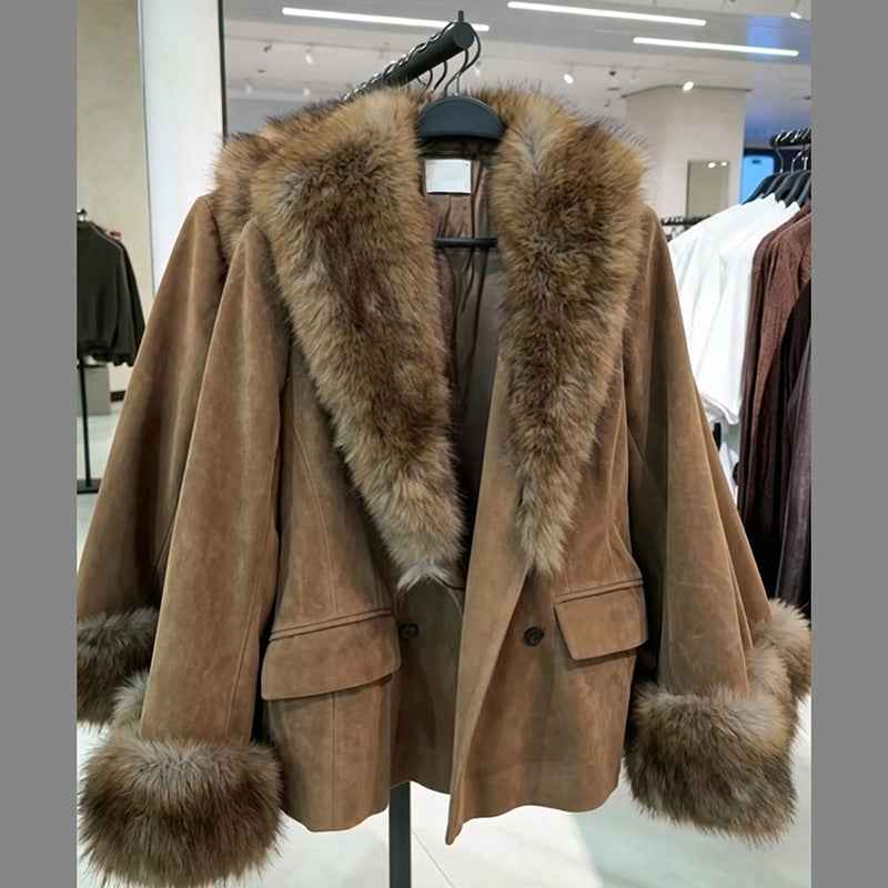 Brown Faux Suede Jacket - Plush Collar and Cuff Trim