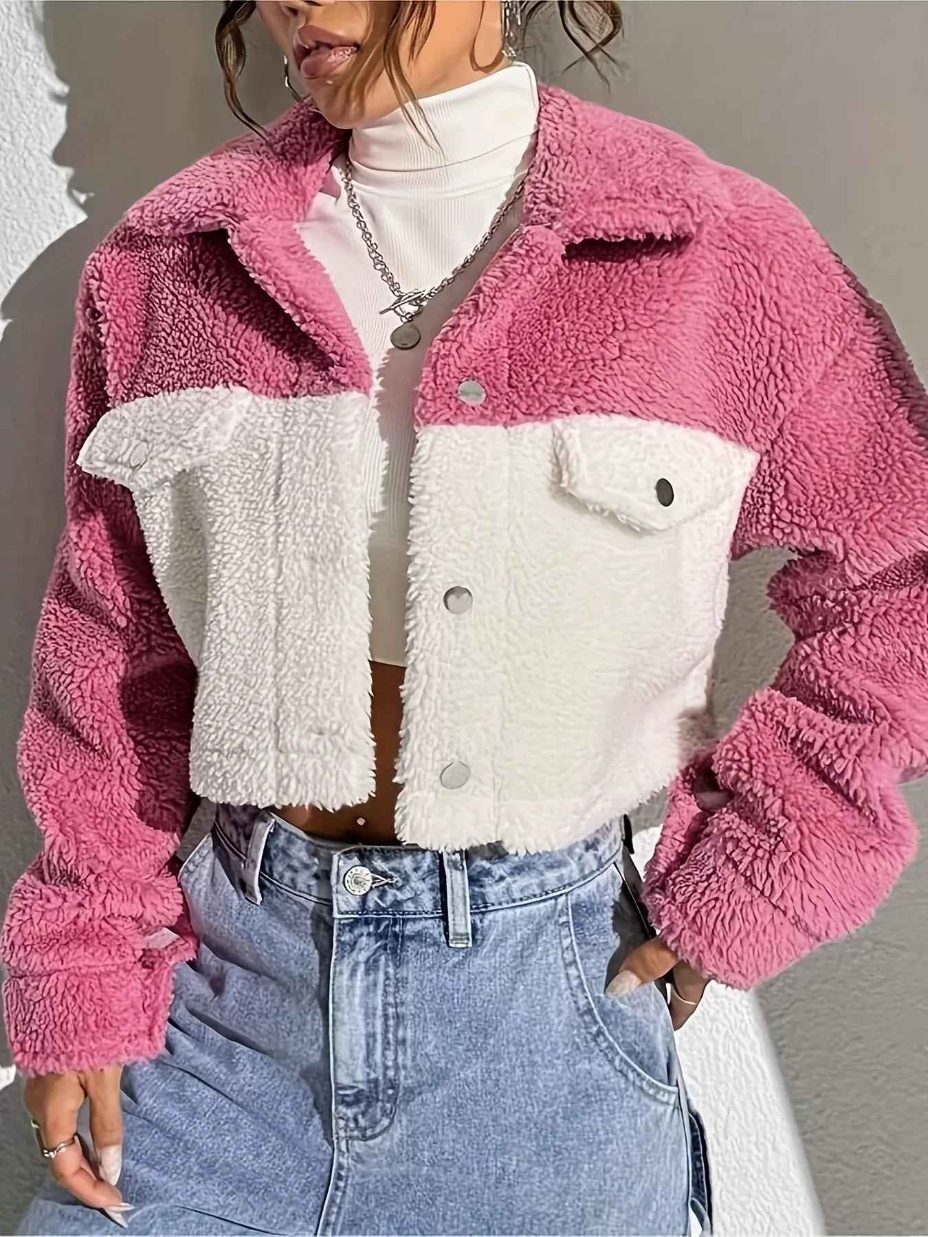 Two-Tone Plush Cropped Jacket - Cozy Button-Up Style - Fashions Envy