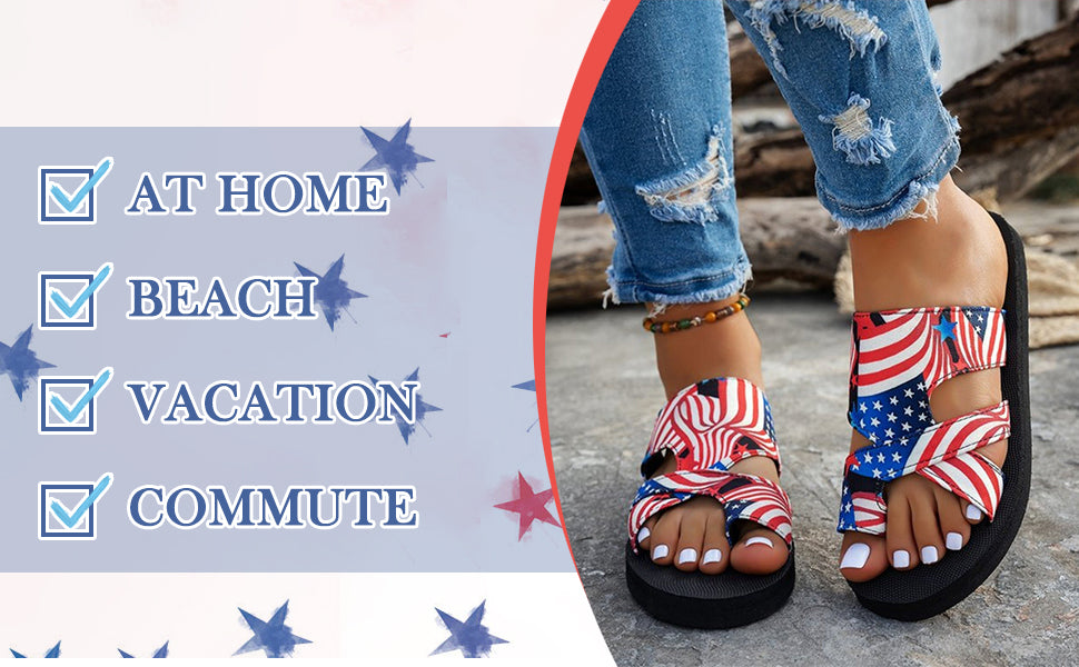 A person wearing red, white, and blue American flag print slide sandals with distressed blue jeans, standing outdoors on a stone surface. On the left is a graphic overlay with the text 'AT HOME', 'BEACH', 'VACATION', and 'COMMUTE' next to star icons.