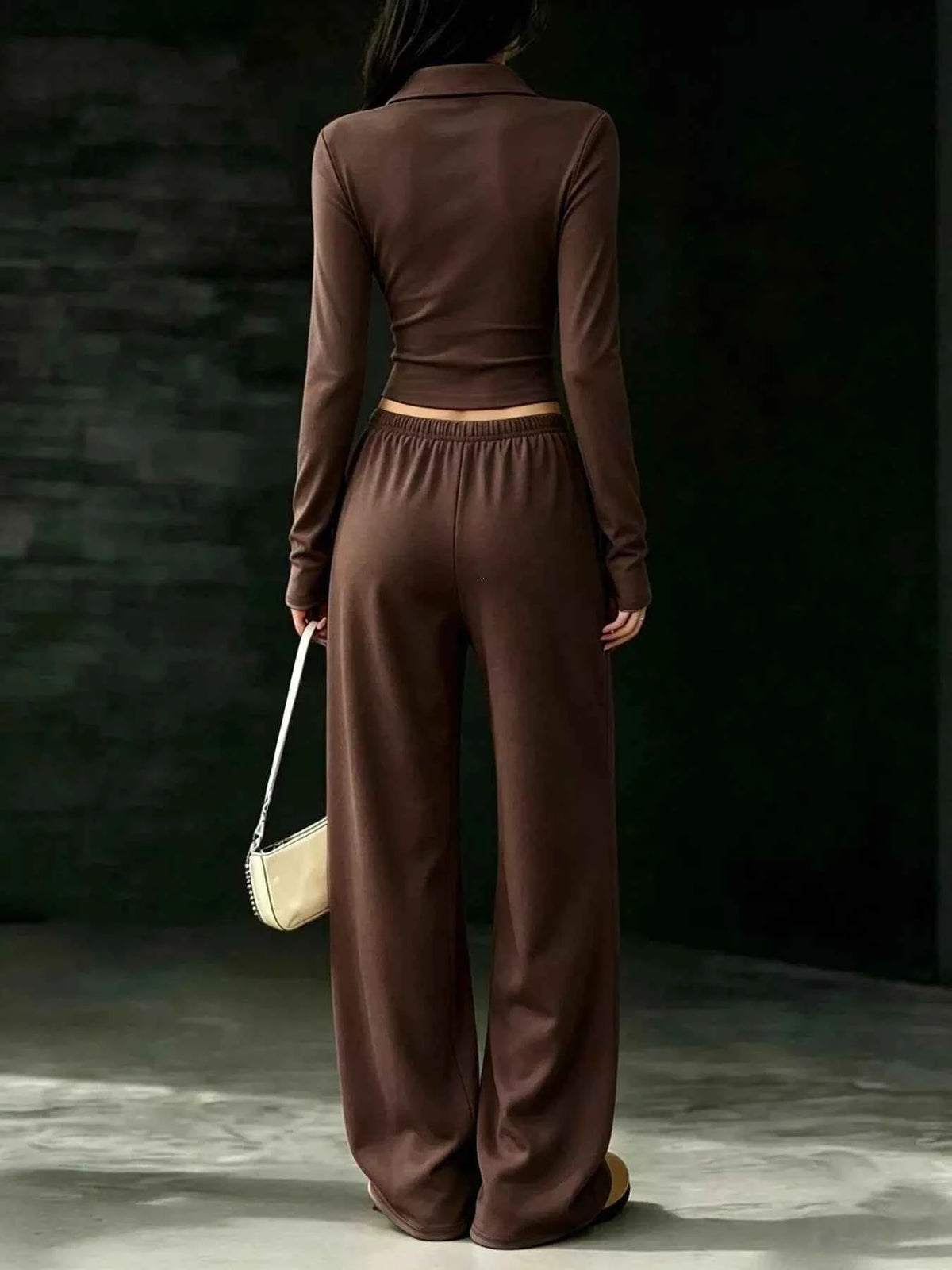 Long Sleeve Polo Wide Leg Set - Cropped Top Relaxed Pants