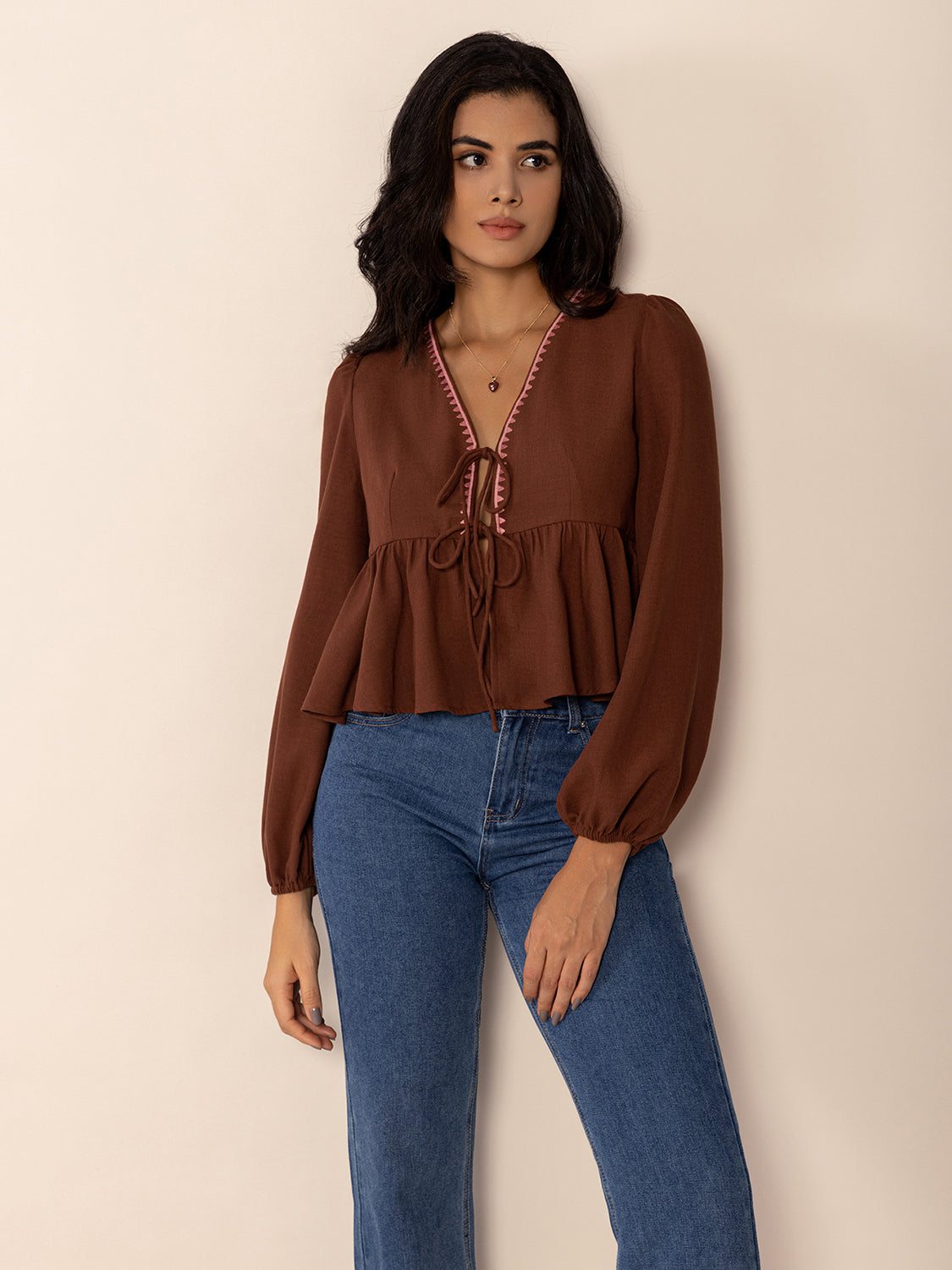 Brown Peplum Tied V-Neck Long Sleeve Blouse