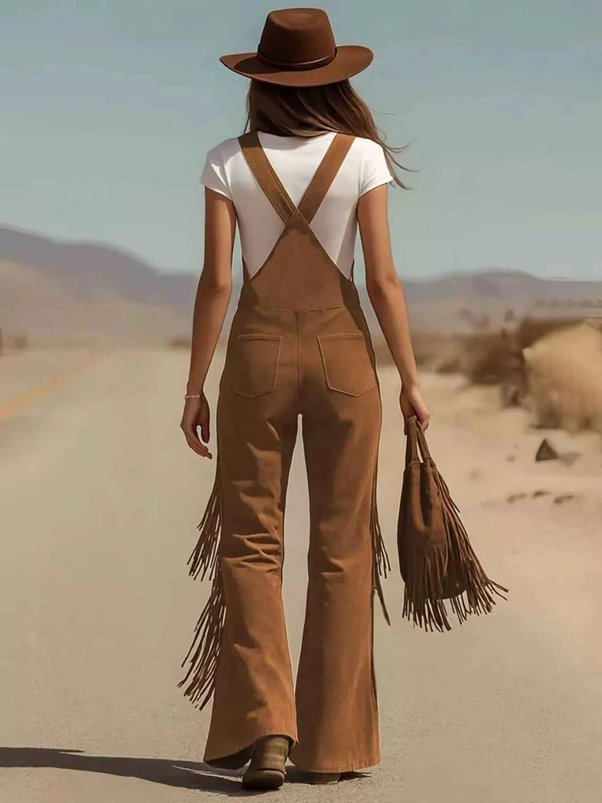 Fringe Flare Leg Overalls - Button Front Suede Texture Bib