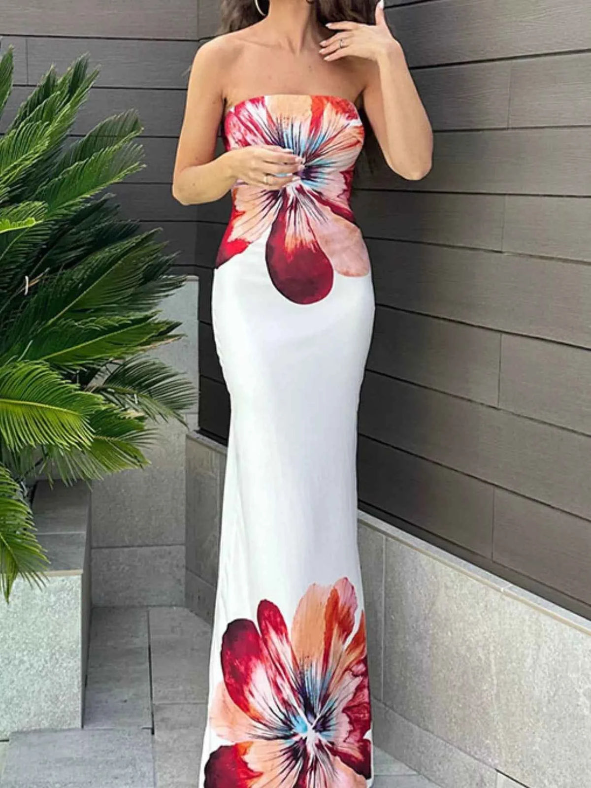 Strapless Floral Maxi Dress - Oversized Bloom Bodycon
