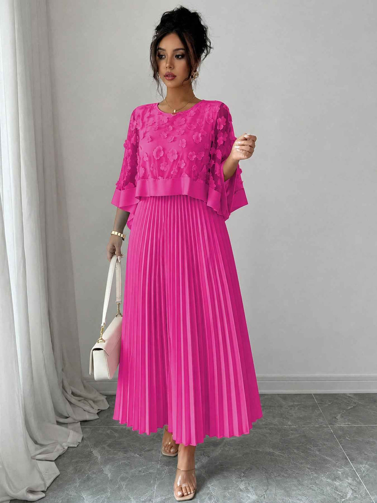 Elegant A-line Pleated Dress With Appliqued Mesh Paneling, Vacation Outfits Women, Summer Outfits For Women