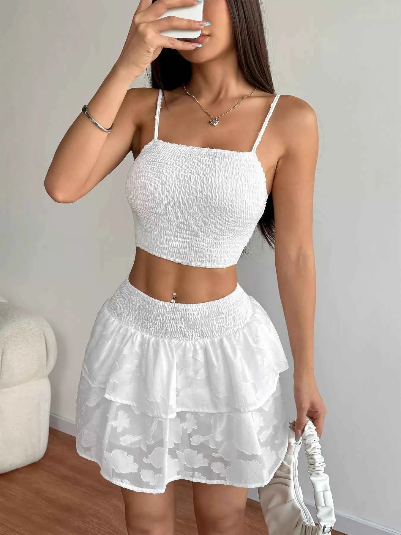 Two Piece Outfit Set - Smocked Crop Top Ruffle Skirt