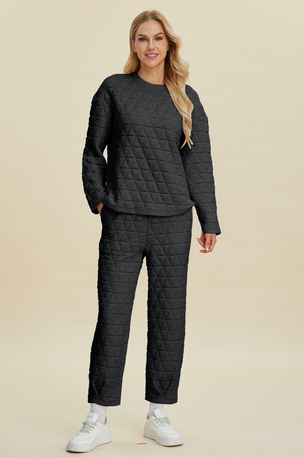 Double Take Full Size Texture Round Neck Long Sleeve Top and Pants Set - Fashions Envy