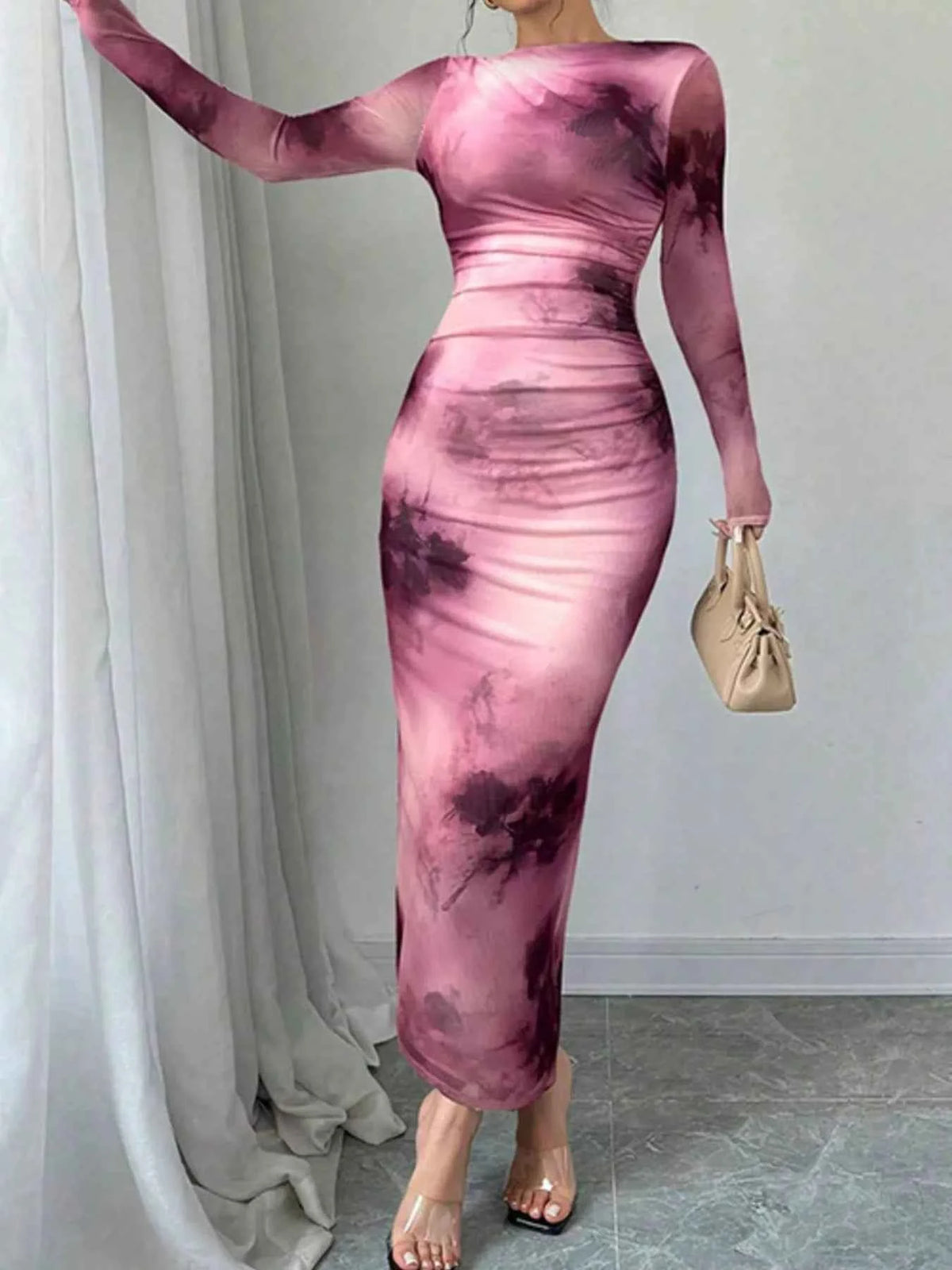 Tie-Dye Print Bodycon Maxi Dress - Ruched Sheer Mesh Long Sleeve